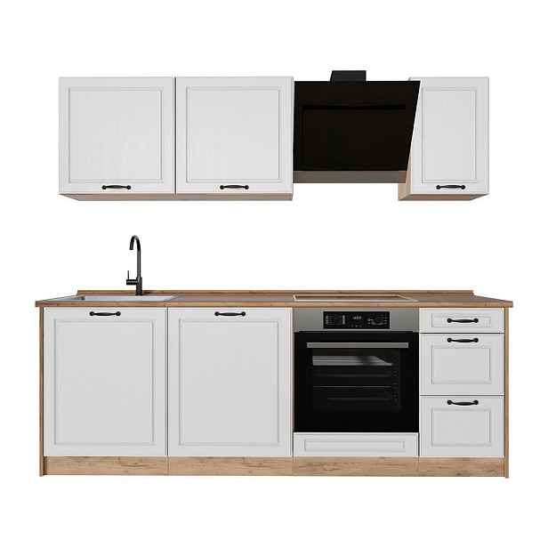 Vicco KUCHYŇSKÝ KOUT R-Line, Bílý venkovský dům/Zlatý mocný dub, 220 cm pracovná doska Dub Goldkraft