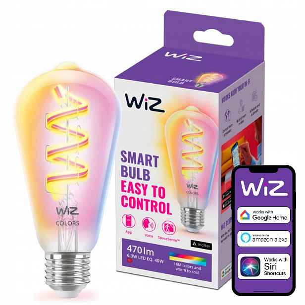 Led žárovka E27 ST64 6,3W 40W Cct Rgb Filament Smart WiFi Aplikace WiZ