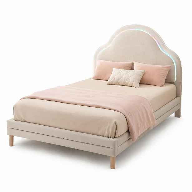 CHICFURN ČALOUNĚNÁ POSTEL 90/200 cm v béžové sametové látce s LED a obláčkovým čelem