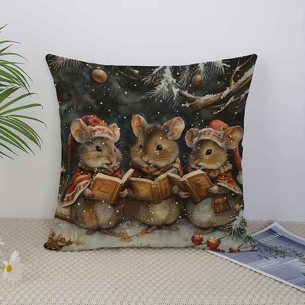 TEMU 1 ks Suige Home Útulný Vánoční Polštářek s Myší - Měkký Polyester, na Zip, Pratelný v Pračce s Okouzlující Zimní Scénou - Perfektní pro Dekoraci