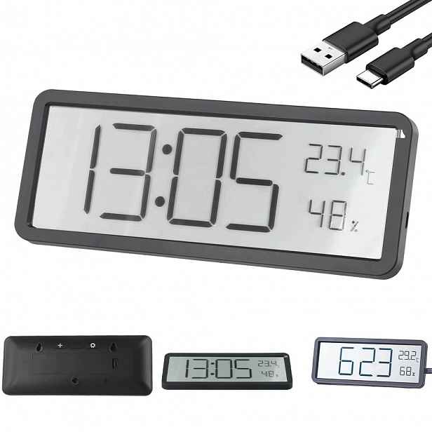 Hodiny LCD 8in, Černá, Teplota, Vlhkost, Datum
