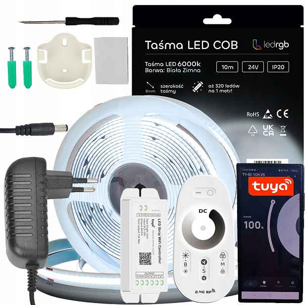 Sada Led pásků Cob 24V 10 m 6000K Bílá Zaimna Napájecí Zdroj Tuya Wifi Dálkový Ovladač Rf