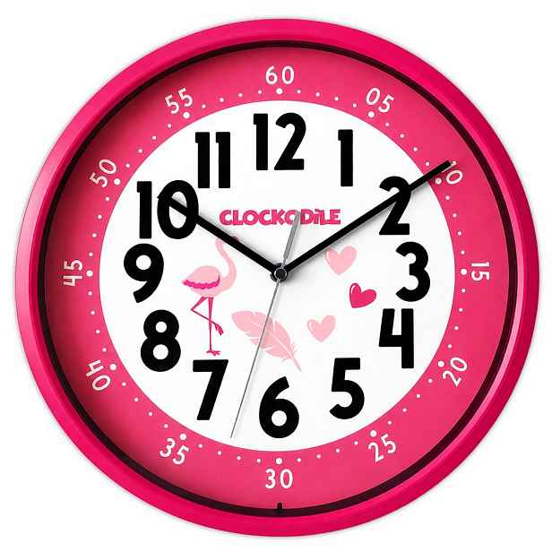 CLOCKODILE Růžové dětské hodiny PLAMEŇÁK SE SRDÍČKY