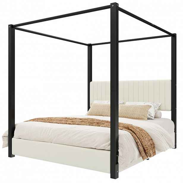 CHICFURN ČALOUNĚNÁ POSTEL 180/200 cm v béžové a černé barvě s nebesovou konstrukcí ze sametu
