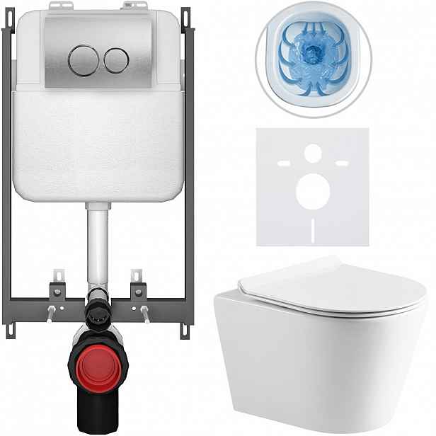 Kompletní WC set Basic/Carlito - bílá lesklá - WC tlačítko Dualo/Stříbrná - pro zazdění - 48,5x36,5 cm