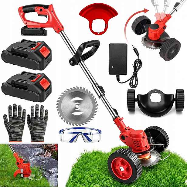 Akumulátorová sekačka 650 W 18000 ot/min s 2 čepelemi pro zahradu, červená