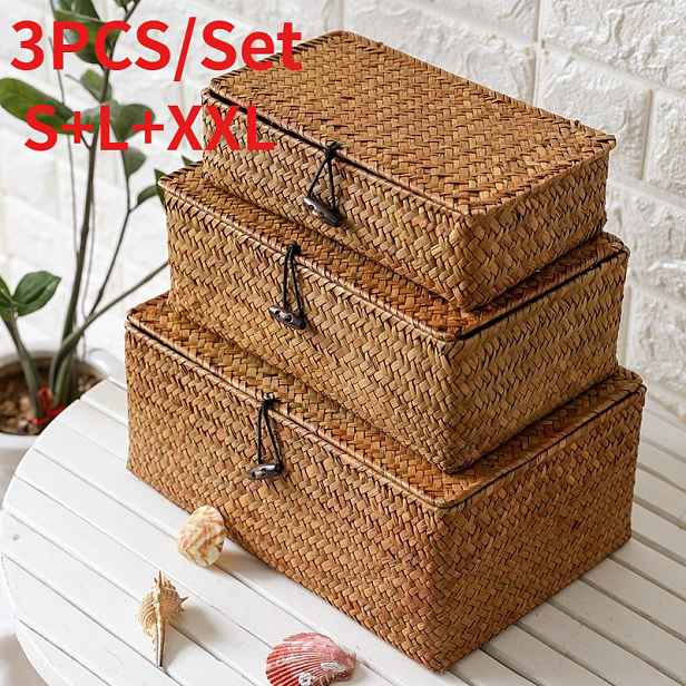 TEMU 3ks [S+L+XXL] Domácí úložný koš, úložný koš s víkem a knoflíkem, módní ručně tkaný úložný koš, vhodný pro svatební dárkové krabice, úložné
