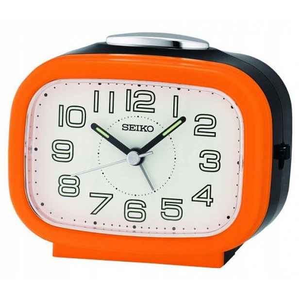 Oranžový Budík Seiko QHK060E, Hlasitý Alarm, Tichý Mechanismus Snooze