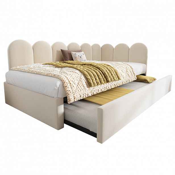 CHICFURN ČALOUNĚNÁ POSTEL 90/200 cm & 90/190 cm v béžové barvě s výsuvným lůžkem