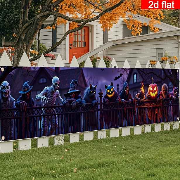 TEMU 2D plochý, 2D plochý styl banneru, jeden kus, halloweenský dvorní banner, strašidelná halloweenská scéna se svítícími LED dýněmi, plot, vhodný