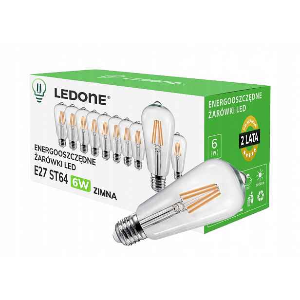 10x Led filamentová žárovka E27 ST64 6W bílá Studená retro Clear Led sada