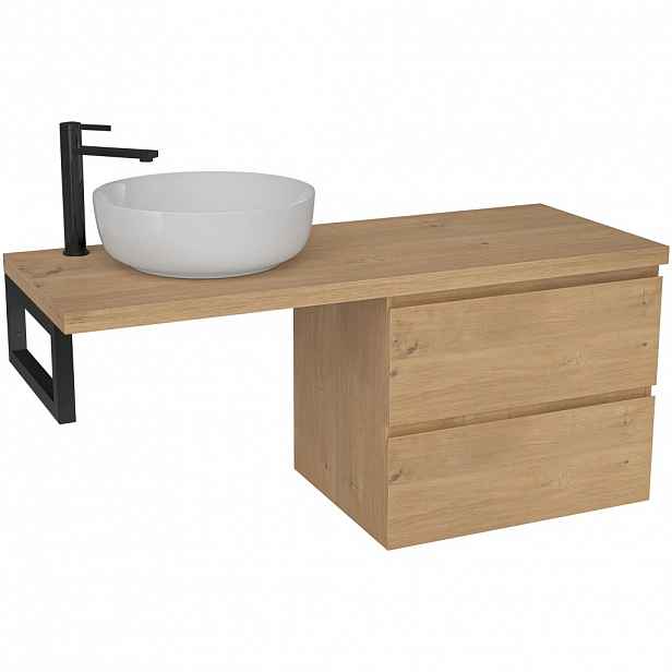 Koupelnová skříňka Carole - dub medový + deska pod umyvadlo Navira Pro - 36 mm + konzole černá - 140x51,6x46 cm