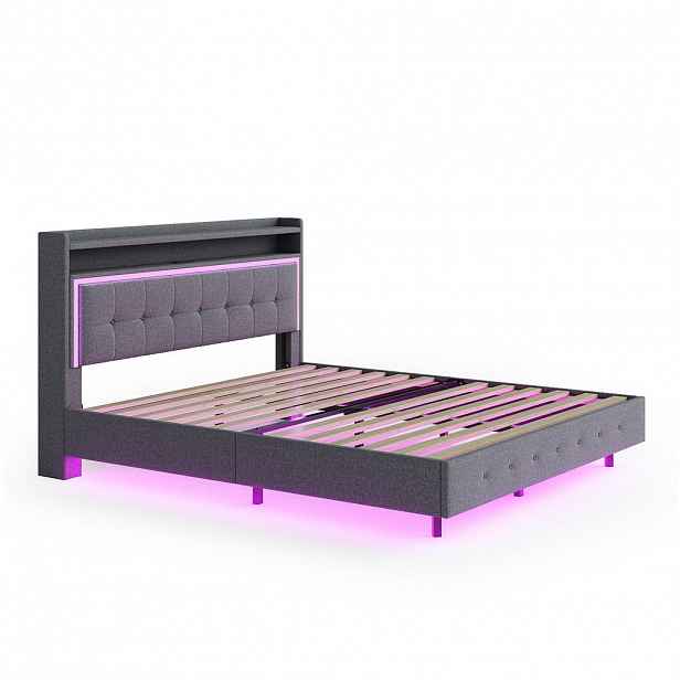 Redom ČALOUNĚNÁ postel 140x200 cm s USB portem, LED osvětlením a skrytými nohami, šedá