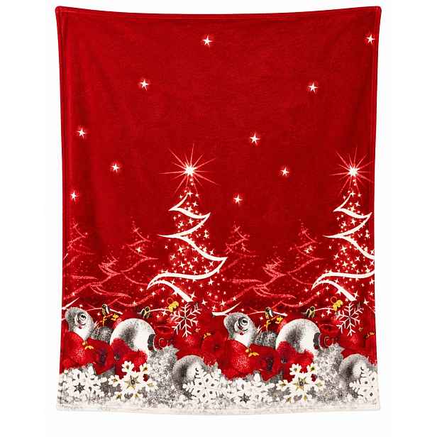 Vánoční Deka 130 X 160 CM, Fleecový Vánoční Stromek, Hvězdy, Červená