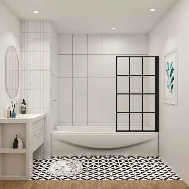 Vanová zástěna  V1 BLACK GRID 80 × 140 cm – otočná, černý rám, L/P varianta