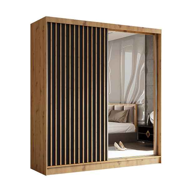MASSENO ŠATNÍ SKŘÍŇ S POSUVNÝMI DVEŘMI LAMELLO, 200/216/61 cm 2dveřová se zrcadlem, dub Artisan