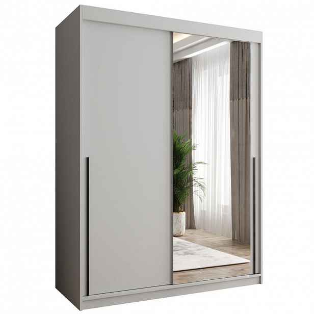 Home Collective SKŘÍŇ S POSUVNÝMI DVEŘMI se zrcadlem, šířka 150 cm, bílá s černým úchytem