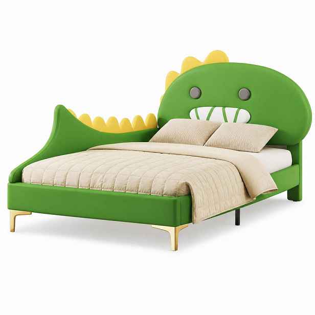 CHICFURN DĚTSKÁ POSTEL 90/200 cm v zelené barvě s čelem ve tvaru dinosaura z PU