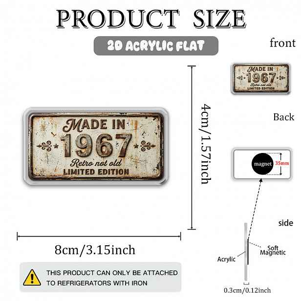 TEMU 1 ks Pamětní akrylový magnet na lednici ve stylu vintage 1967 (3.15In X 1.57In) Dekorativní magnet ve stylu vintage s patinou, nostalgická