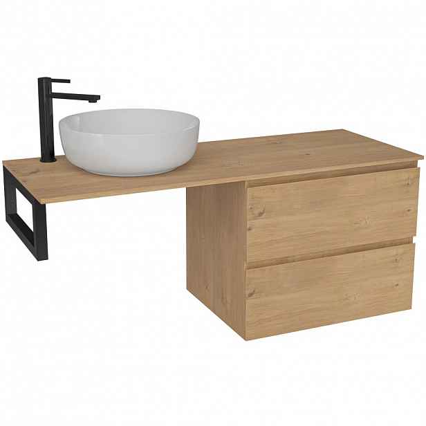 Koupelnová skříňka Carole - dub medový + deska pod umyvadlo Navira Slim - 18 mm + konzole černá - 140x49,8x46 cm