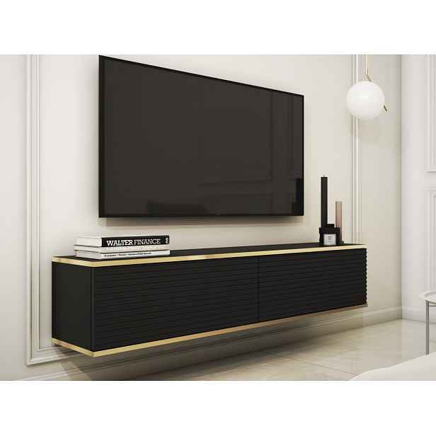 Závěsná TV skříňka Orfeo, 135 cm, černá struktura/zlatá