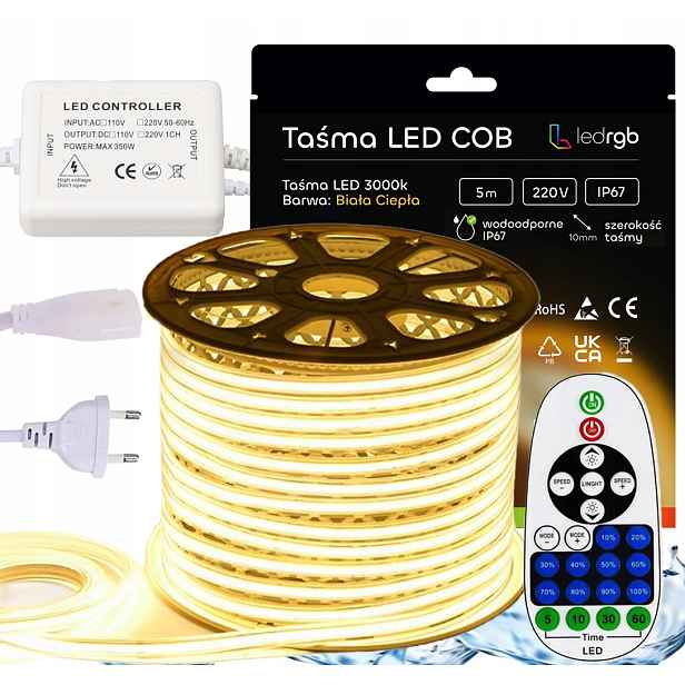 Set Led pásek Cob 230V 5m 3000K Bílý Teplý Napájecí Zdroj Stmívač Dálkový Ovladač