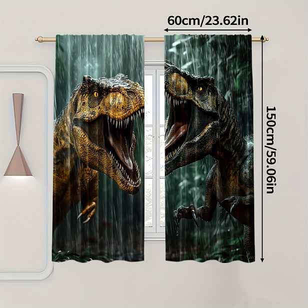 TEMU 2ks Závěsy s Kresleným Vzorem, Design Primitivního Dinosaurova Řevu, Polyesterová Látka, Filtrující Světlo, Pratelné v Pračce, pro Dekoraci