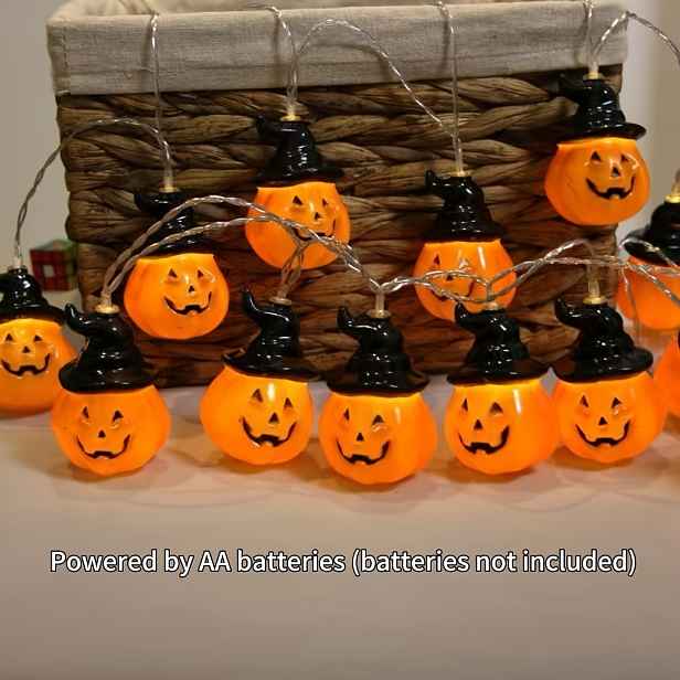 TEMU Halloweenské LED světelné řetězy s kouzelnickou čepicí a dýní, celková délka 55.12 palců LED diodami, napájení na baterie (baterie nejsou