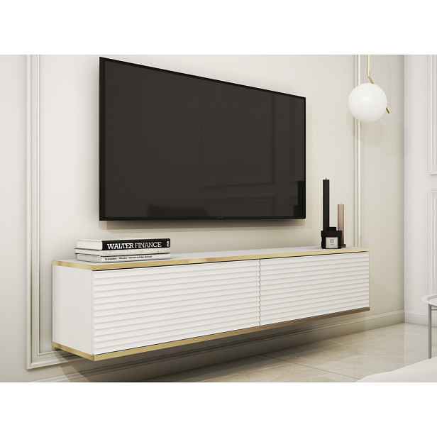Závěsná TV skříňka Orfeo, 135 cm, bílá struktura/zlatá