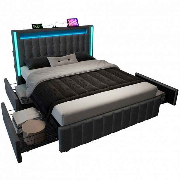 Redom ČALOUNĚNÁ postel 160x200 cm s USB-C nabíjením, LED osvětlením a 4 zásuvkami, Šedá