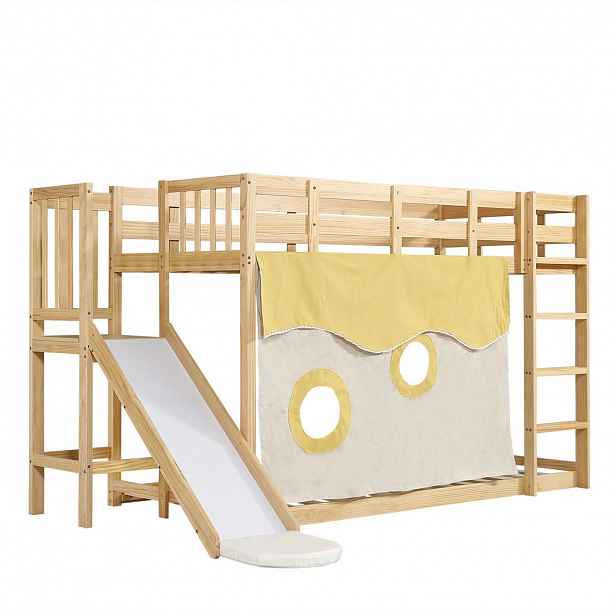 CHICFURN VYVÝŠENÁ POSTEL 90/200 cm v přírodní barvě se schůdky, skluzavkou a závěsy