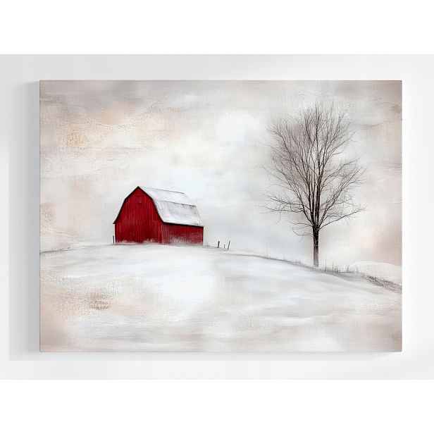 Obraz Na Plátně Canvas Pohled Na Strom Červená Stodola Zima Pustky 80x60