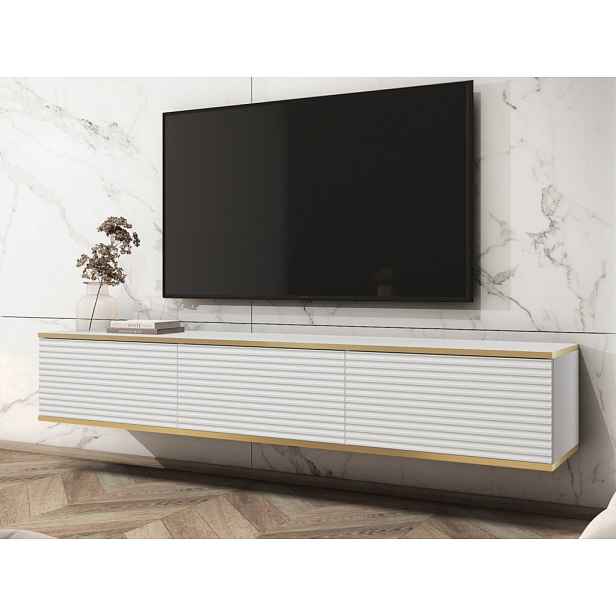 Závěsná TV skříňka Orfeo, 175 cm, bílá struktura/zlatá