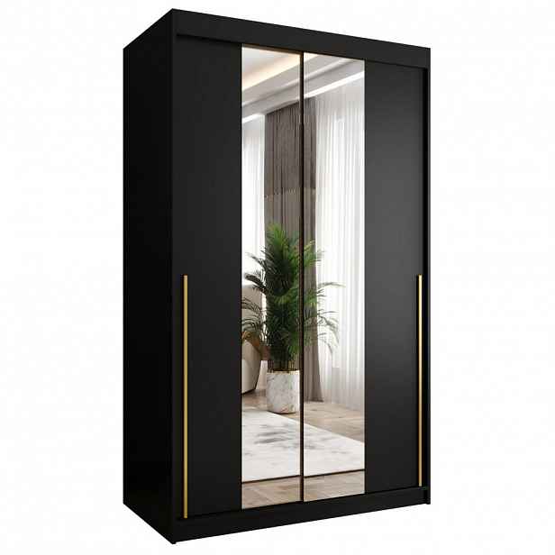 Home Collective SKŘÍŇ S POSUVNÝMI DVEŘMI se zrcadlem, šířka 120 cm, černá se zlatým úchytem