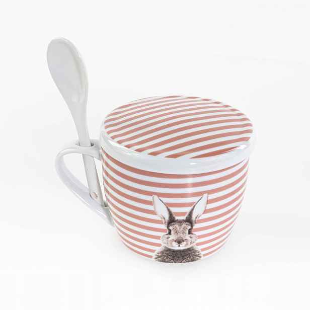 Hrnek s víčkem a lžičkou Fluffy, porcelánový, zajíček, 600 ml
