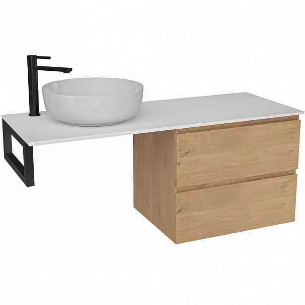 Koupelnová skříňka Carole - dub medový + deska z lit. mramoru Elanys - 12 mm + konzole černá - 140x49,2x46 cm