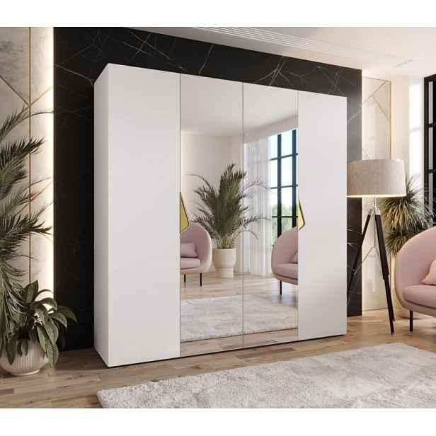 Čtyřdveřová zrcadlová skříň 200 cm AMARIS 2 - bílá / zlaté úchyty