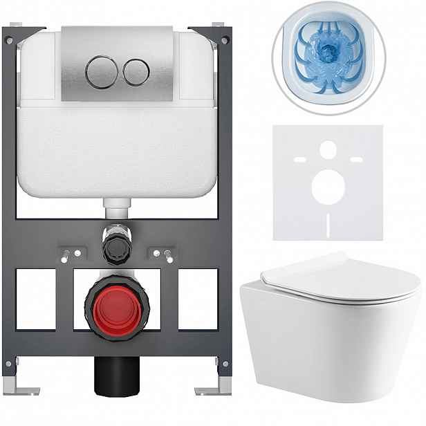 Kompletní WC set Basic/Carlito - bílá lesklá - WC tlačítko Dualo/Stříbrná - závěsné - nízký modul - předstěnová instalace - 48,5x36,5 cm