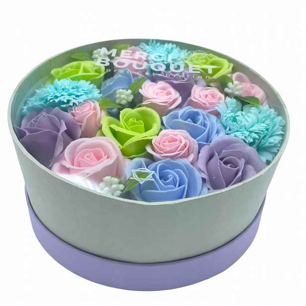 Mýdlové růže a karafiáty Kulatý květinový box modrý, průměr 19 Cm
