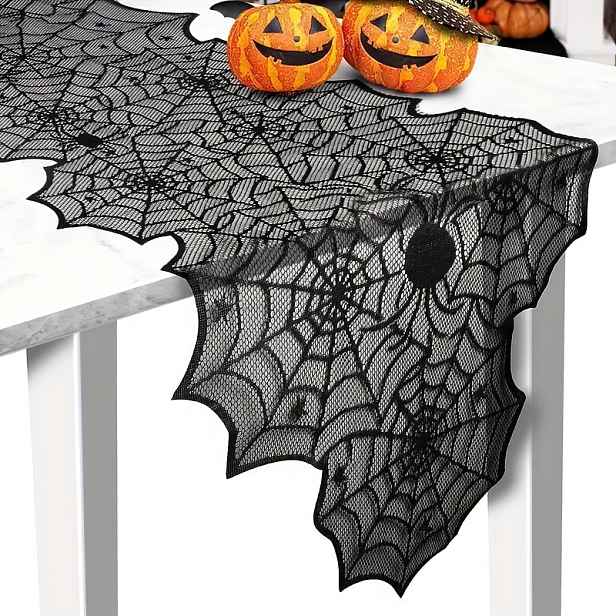 TEMU Jednodílný ubrus s krajkou s pavučiny, ideální pro halloweenské oslavy. Vyroben z polyesteru, lze použít jako ubrus dekorativní ručník k krbu.