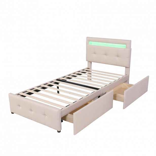 CHICFURN ČALOUNĚNÁ POSTEL 90/200 cm v béžové barvě se 2 zásuvkami a LED osvětlením