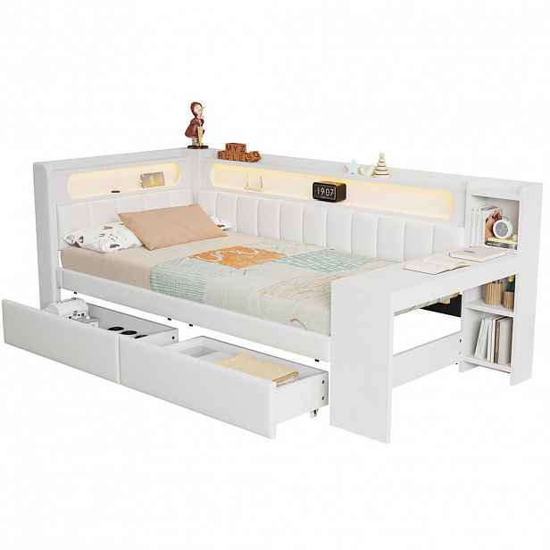 Redom POSTEL 90/200 cm s LED osvětlením, USB portem, psacím stolem a 2 zásuvkami, Bílá