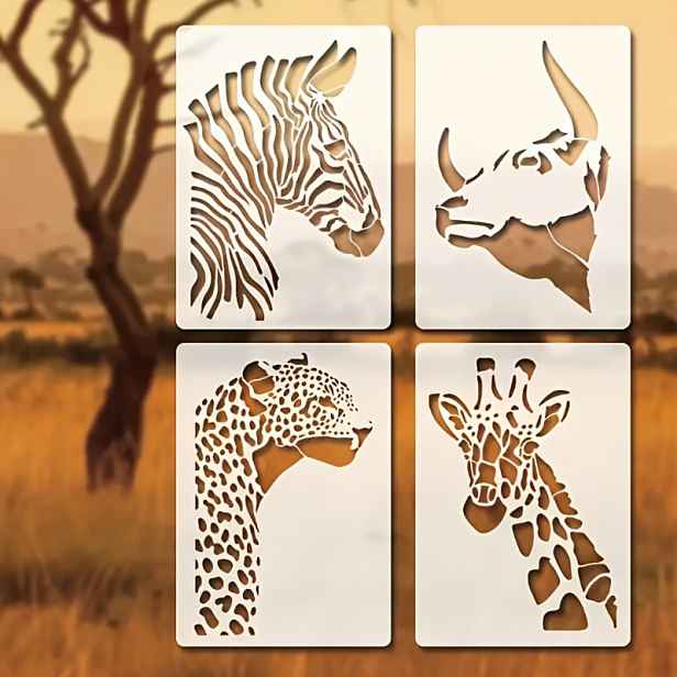 TEMU 4 ks Opakovaně použitelných šablon afrických savanových zvířat - Unikátní vzory , bůvla, zebry a žirafy - Řemesla, nástěnné umění, nábytek,