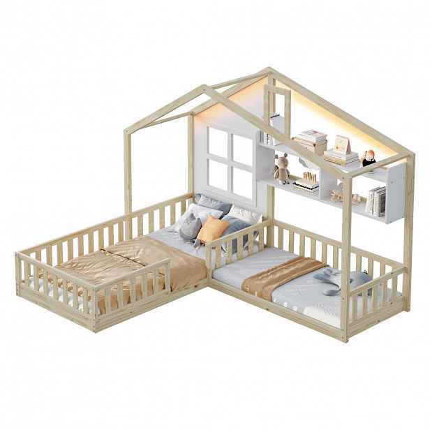 CHICFURN DĚTSKÁ POSTEL 90/200 cm a 140/70 cm v bílé nebo přírodní barvě s LED a policemi