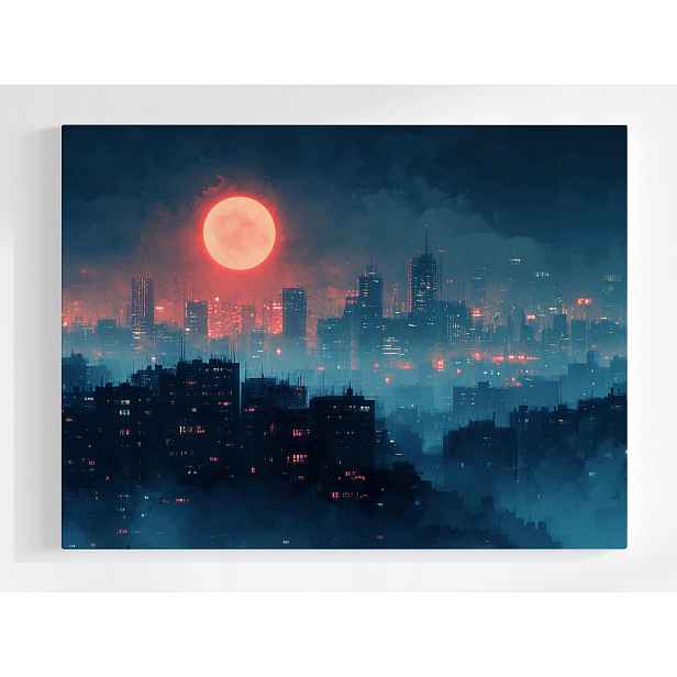 Plakát Město Mrakodrapy Bloky Noc Červený Měsíc 100x75