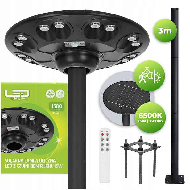 Solární Led lampa Pouliční svítidlo 15W 6500k Snímač pohybu na sloupu 3m Dálkové ovládání