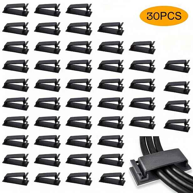 TEMU 30 ks Silné samolepicí klipy pro správu kabelů - Snadná instalace organizérů kabelů Držáky kabelů pro TV PC Ethernet kabel Pod stůl Domácí