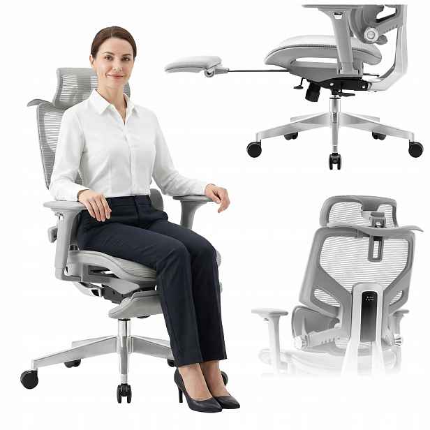 Kancelářská ergonomická otočná židle Mark Adler šedá k psacímu stolu, podnožka