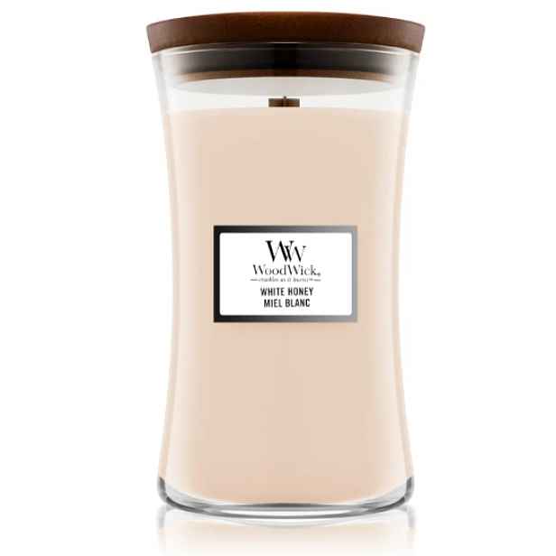 Woodwick Sójová vonná svíčka Dřevěný knot White Honey Velká 610 g