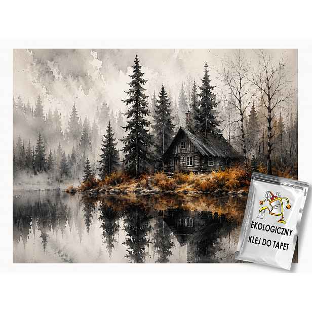 Fototapeta Flizelina Les Stromy Jezero Chata Mlha Podzim 368x254 130g